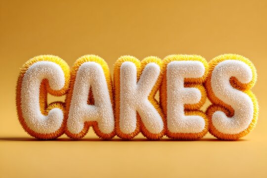 Fluffy white and orange C A K E S text on yellow background cakes word