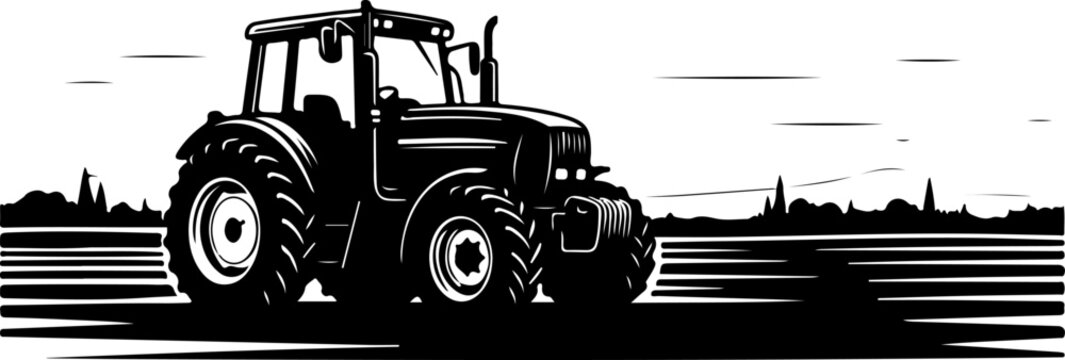 tracktor field landscape engraving black and white outline