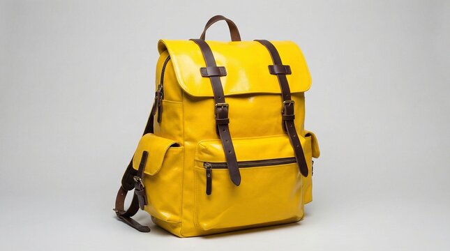 Bright yellow backpack with brown leather straps and buckles, flap closure with front and side pockets, glossy material placed on light blue surface against neutral beige background, stylish functiona
