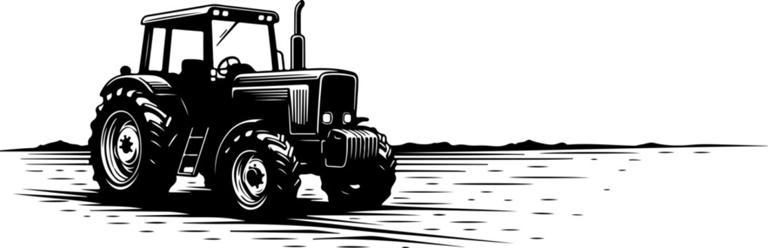 tracktor field landscape engraving black and white outline