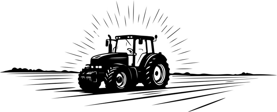 tracktor field landscape engraving black and white outline