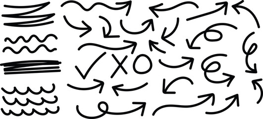 Fototapeta premium A collection of hand drawn arrows pointing in various directions on a white background