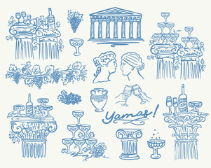 Obraz premium Whimsical, hand-drawn vector set of elements for Greek Celebration