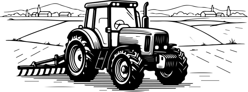 tracktor field landscape engraving black and white outline