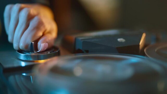 Close-up tape recorder with spinning spools playing audio recording. Hand adjusting the volume. Selective focus