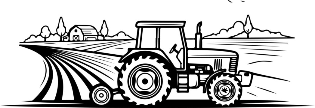 tracktor field landscape engraving black and white outline