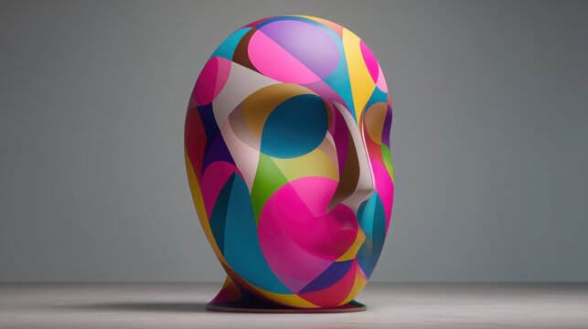An Abstract Geometric Face Mask Sculpture Adorned with Vibrant, Contrasting Colors