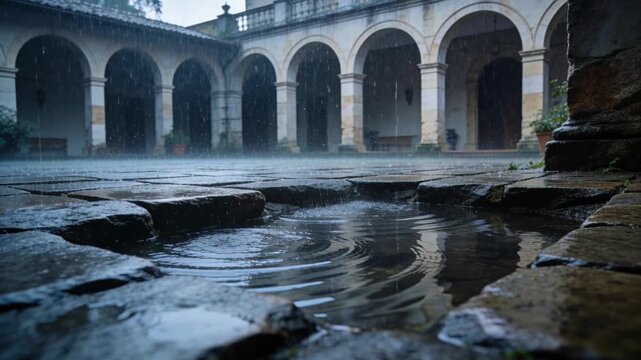 Heavy rain falling on a puddle in a medieval cloister courtyard with stone arches and columns