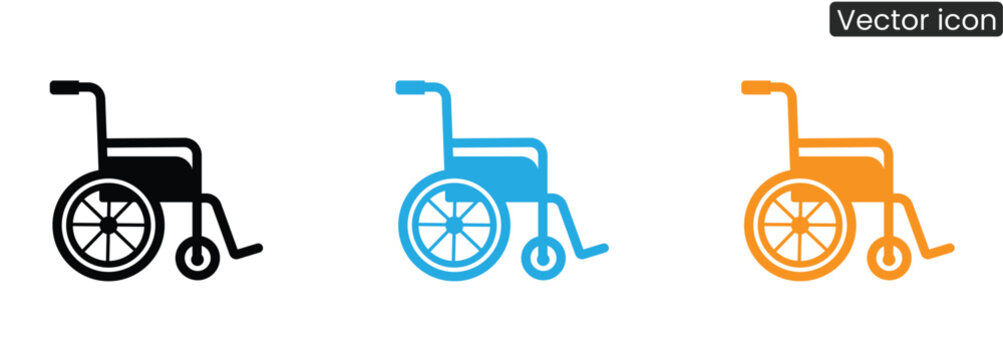 Three colorful wheelchair icons in black, blue and orange, ideal for illustrating accessibility, healthcare and disability concepts.