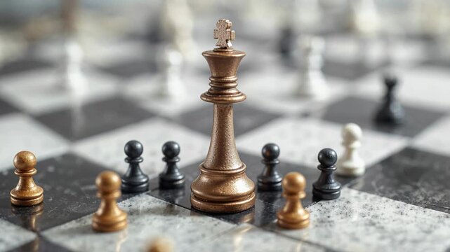 Brown chess king standing on a marble chessboard surrounded by pawns, symbolizing leadership and strategy