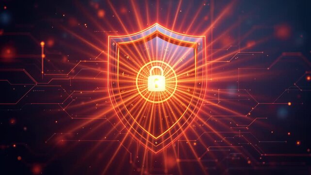 Pulsating shield icon representing data protection and online cybersecurity on a network background