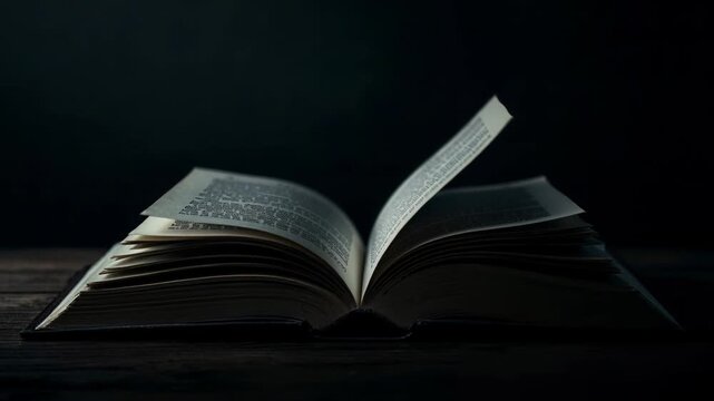 Ancient opened book with pages fluttering on a dark background, representing knowledge and history