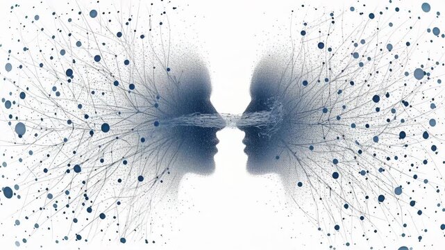 Two abstract human profiles made of particles connecting and communicating on a white background