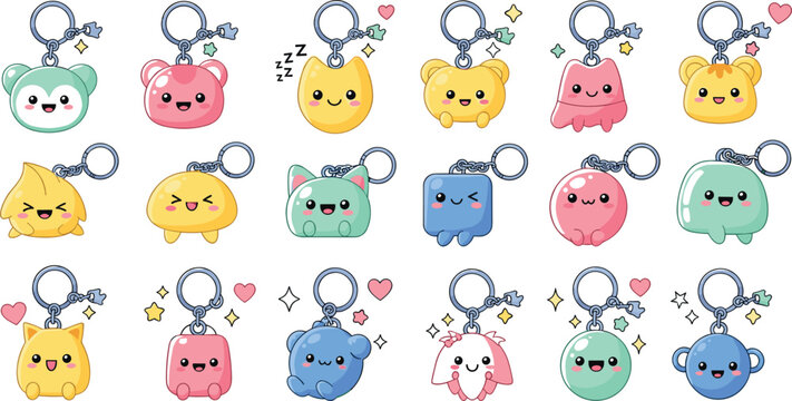 Cute kawaii animal keychain characters vector set with colorful cartoon pets, adorable chibi mascots, pastel design for stickers, toys, accessories collection