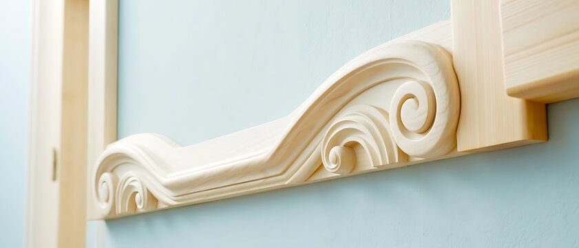 Light wooden carved corbel shelf bracket with scroll and leaf motif, architectural detail for classical interior design, light wood