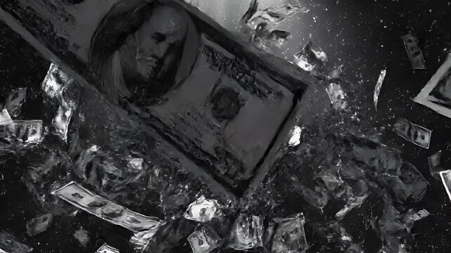 Black and white abstract showing scattered, fragmented currency in a dark, chaotic space