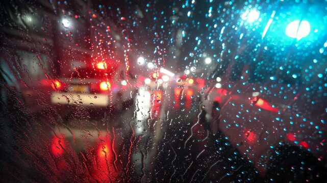 Emergency response Police car lights are seen through a rain-streaked windshield at night use in news reports documentaries or commercial projects related to law enforcement accidents or urban.