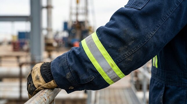 Oil worker's flame-resistant FR coverall sleeve with safety stripes, close-up, no faces, no text, no logos, industrial safety wear concept for energy brand or HSE editorial, commercial use