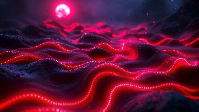 Fantastical terrain with flowing red and magenta glowing lines under a mystical full moon