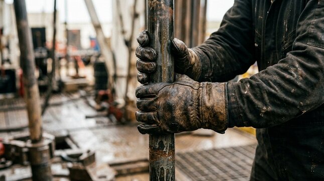 Drill rig roughneck's hands in heavy leather gloves on drillpipe, detail shot, no faces visible, no text, no logos, drilling labor concept for oil company or industrial editorial, commercial use