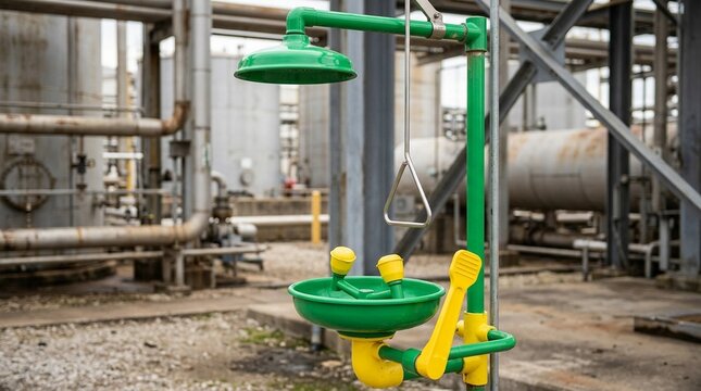 Safety shower and eyewash station at a petroleum processing facility, close-up, no faces, no text, no logos, emergency safety concept for energy brand or HSE editorial, commercial use