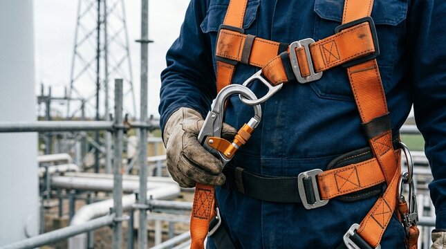 Safety harness being donned with carabiner hooks clearly visible, detail shot, no faces, no text, no logos, working at height safety concept for energy brand or HSE editorial, commercial use