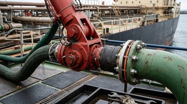 Tanker loading arm swivel joint being connected to a ship manifold flange, detail shot, no faces, no text, no logos, cargo transfer concept for maritime brand or energy editorial, commercial use