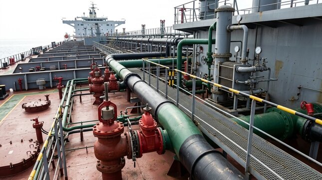 Suezmax tanker midship section with inert gas system deck equipment, detail shot, no faces, no text, no logos, tanker safety systems concept for maritime brand or engineering editorial, commercial use