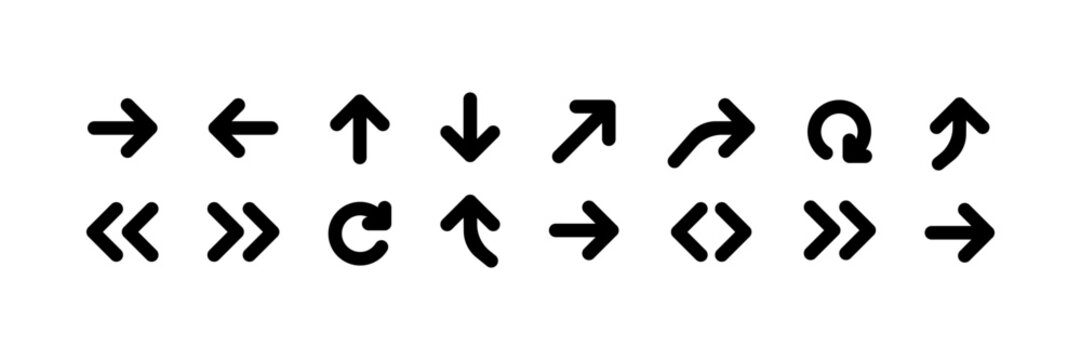 Collection of diverse black arrow icons indicating direction and action on a white background