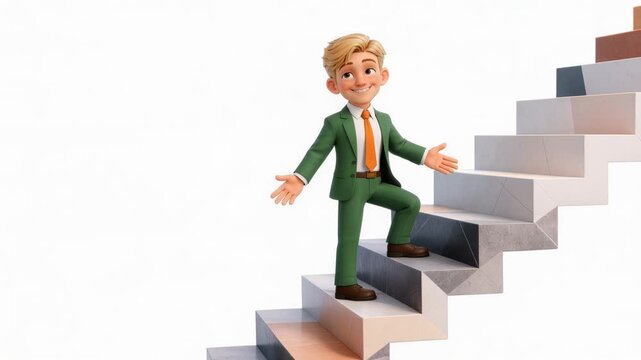 Cartoon charater businessman climbing up stairs representing career growth and achievement, isolated on a white background