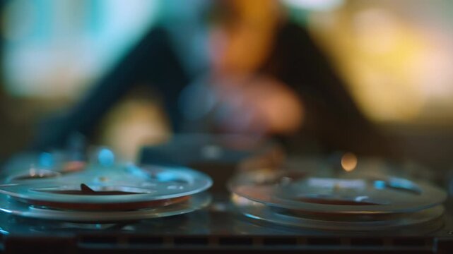 Tape recorder with spinning spools playing audio recording. Person adjusting the volume. Selective focus on the device