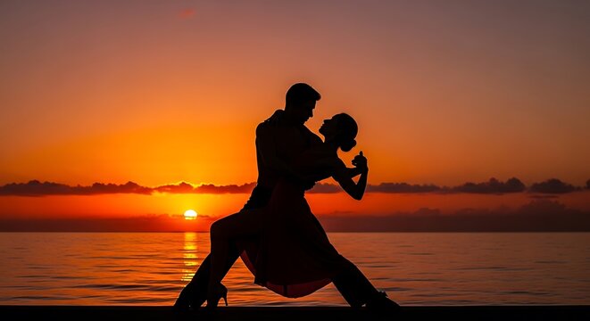 Couple dancing tango at sunset on the ocean, romantic silhouette against vibrant sky