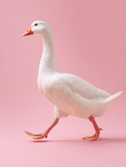 Fototapeta premium White goose walking forward like on a runway, light pink seamless background.