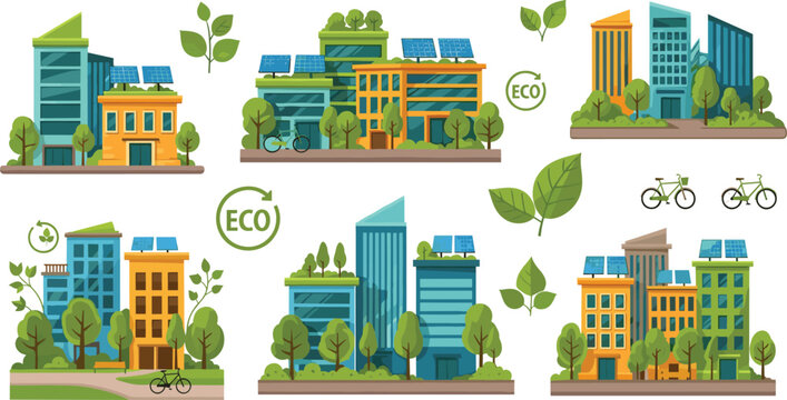 Eco city buildings set with green architecture, solar panels and sustainable urban design, environmentally friendly smart city concept vector illustration collection