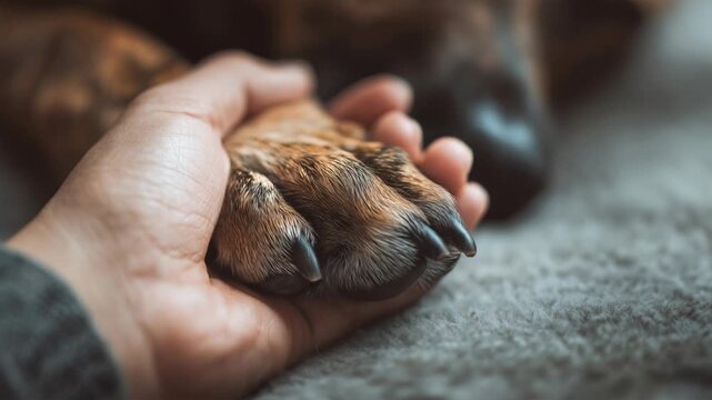 Dog paw in human hand showing empathy, care, loyalty, comfort during disease recovery