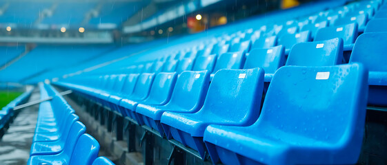 Fototapeta premium Expansive view of empty blue stadium seats under soft lighting, creating a vast and serene panorama of a large sports venue, concert hall