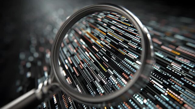 Data analysis and cybersecurity A magnifying glass zooms in over abstract binary code with a glitch effect commercial and editorial projects related to technology security and digital investigation.
