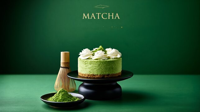 Matcha cheesecake on a black pedestal plate with matcha powder and bamboo whisk on a green background, emphasizing the dessert's vibrant colors and textures