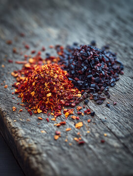 Two mounds of traditional Turkish spices, vibrant red Pul Biber and dark, smoky Urfa Biber (Isot) chili flakes, on a rustic wooden background.