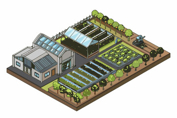Obraz premium Isometric illustration of a modern farm with greenhouses and outdoor plots