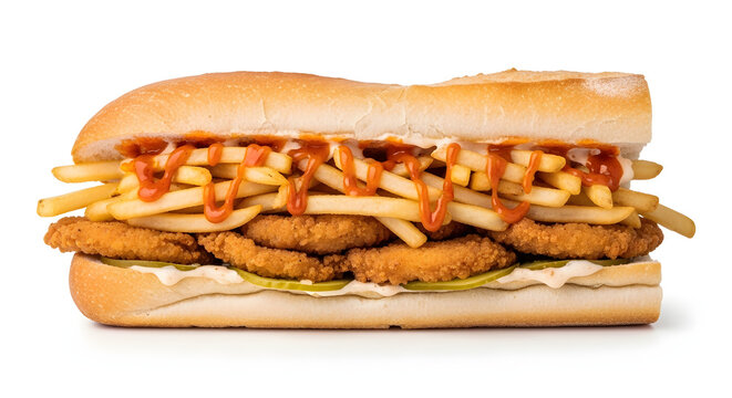 Famous Belgian Mitraillette sandwich loaded with meat, fries, and sauce in a baguette, isolated on white