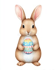 Fototapeta premium Playful rabbit holding colorful easter egg springtime garden illustration whimsical cute cheerful