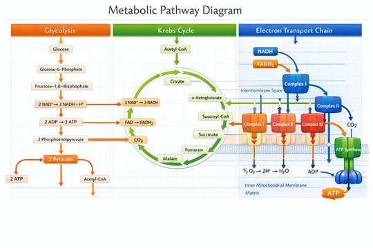 Cellular Metabolic Pathway Diagram Showing Glycolysis, Krebs Cycle, and Electron Transport Chain