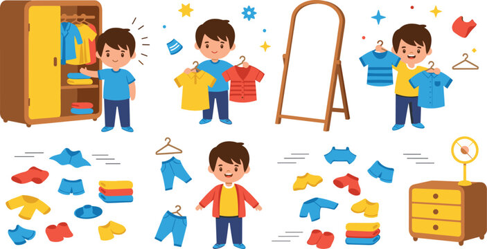 Kids dressing routine set with boy choosing clothes, wardrobe organization and outfit selection, daily habits and self care vector illustration collection