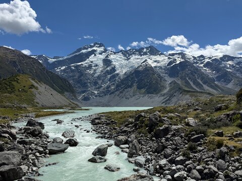 Majestic snow-capped peak of Mount Cook Aoraki and the glacial Hooker River, New Zealand