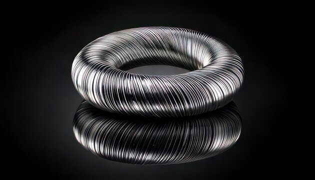 Silver Flexible Ducting Coil on Reflective Black Surface.