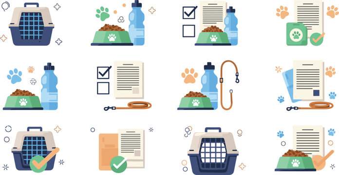 Pet care checklist and supplies vector set with carrier, food bowl, leash, documents, vaccination, grooming and veterinary preparation illustration collection