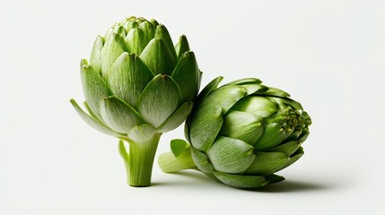 Fototapeta premium Fresh green artichokes displayed side by side on a clean white background, showcasing their unique textures and shapes, ideal for culinary or health-related content