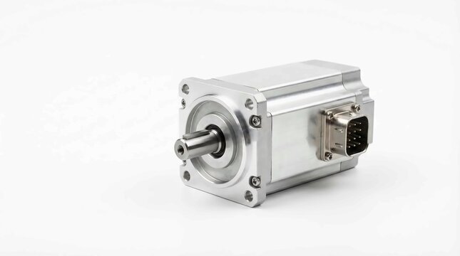 Precision servo motor component isolated on white for industrial automation