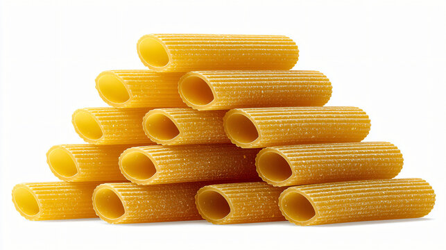 Rigati Italian pasta stack, ridged tubular shape, yellow color